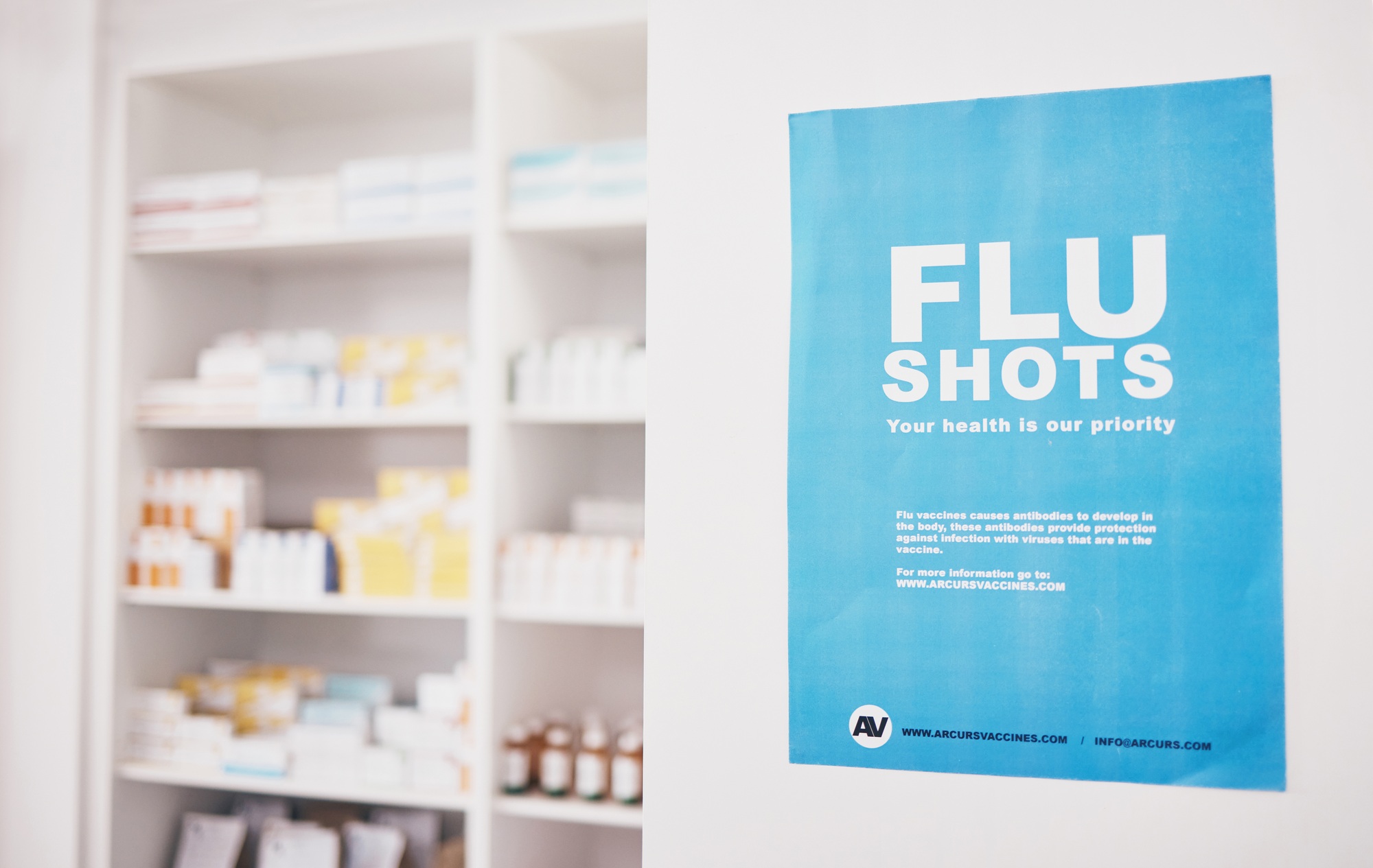 Healthcare, pharmacy or flu shots poster to promote vaccines or medicine at a drugstore. Advertisin